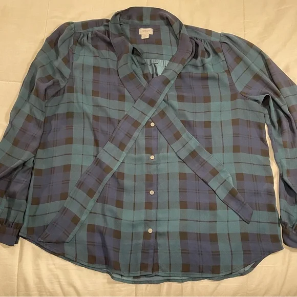 J. Crew Factory Black Watch Plaid Bow Neck Button Front Blouse (XL) - Picture 3 of 5